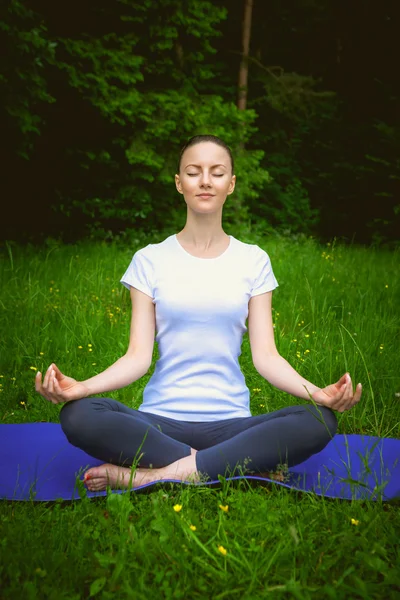 Молодая красивая женщина делает йогу медитации в лесу на открытом воздухе — стоковое фото