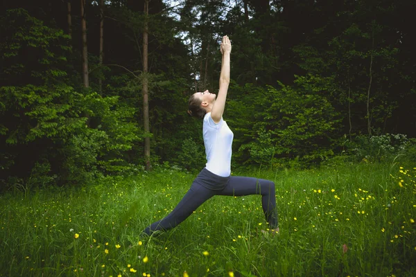 Hermosa mujer joven en forma deportiva en ropa deportiva que trabaja a cabo Virabhadrasana — Foto de Stock