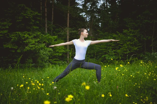 Beautiful sporty fit young woman in sportswear working out Virabhadrasana — Stock Photo, Image