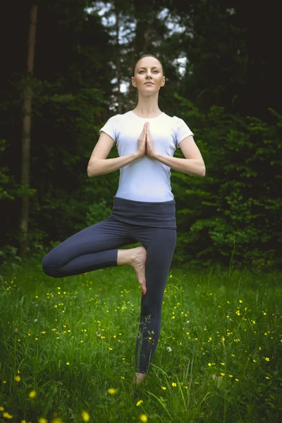 Szczęśliwa młoda kobieta stojąc w vrikshasana pozie Joga na trawie — Zdjęcie stockowe