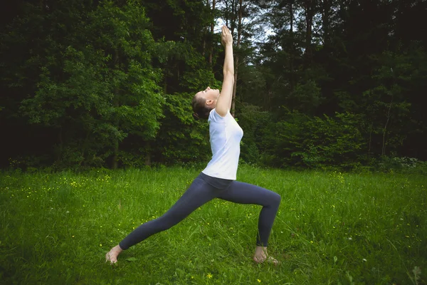 Hermosa mujer joven en forma deportiva en ropa deportiva que trabaja a cabo Virabhadrasana — Foto de Stock