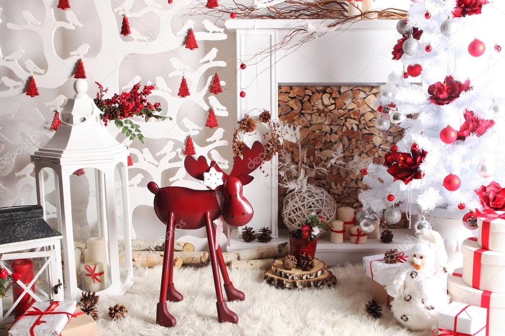Christmas and New Year Decoration Over Wooden Background vintage red deer