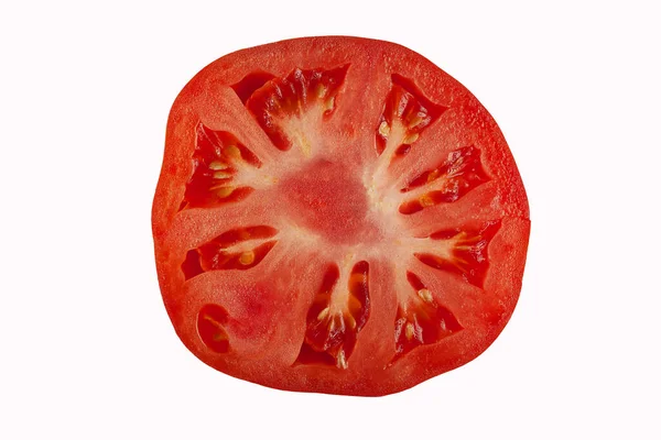 Skiva Mogen Saftig Tomat Vit Bakgrund — Stockfoto