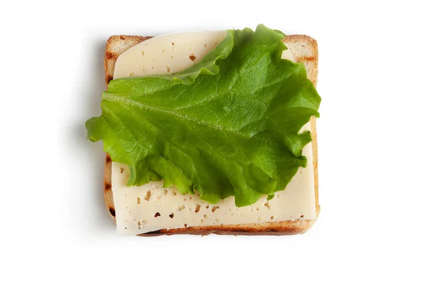 Slice Toasted Bread Slice Cheese Lettuce Leaf White Background — Stock Photo, Image