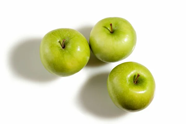 Three Ripe Juicy Appetizing Green Apples White Background — Stock Photo, Image