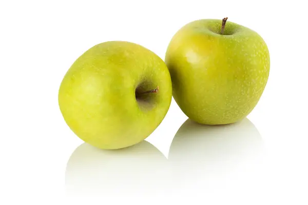 Green Apples Glossy White Background — Stock Photo, Image