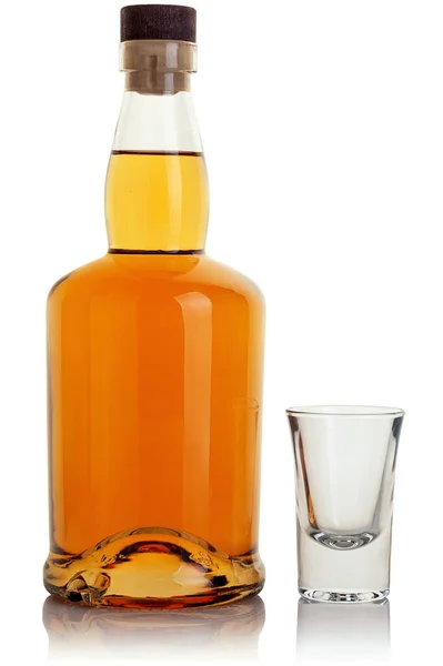 Bottle Whiskey Shot Glass White Background — Stock Photo, Image