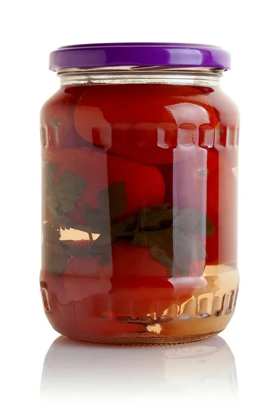 Frasco Vidrio Con Tomates Escabeche Sobre Fondo Blanco — Foto de Stock