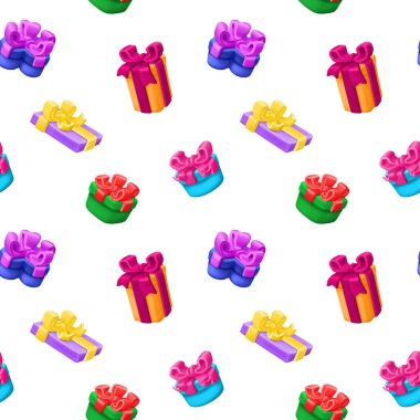 Kusursuz parlak desen. Fiyonklu renkli hediye kutuları. 3B illüstrasyon.
