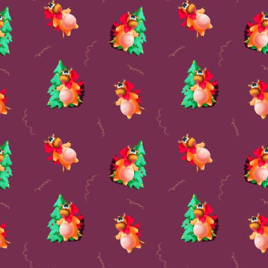 Noel arkaplanı. İnek ve Noel ağacı. Noel kartı. Yılın Sembolü.