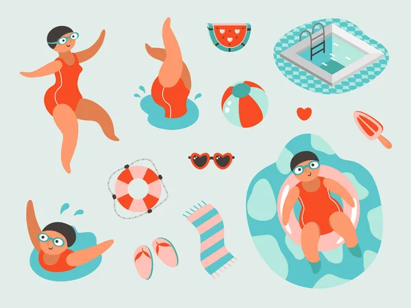 Conjunto Ilustraciones Junto Piscina Linda Chica Traje Baño Gafas Piscina — Foto de Stock