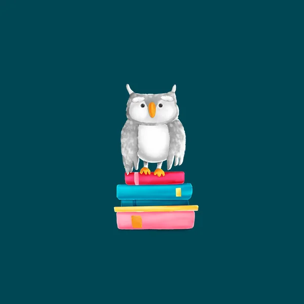 一只猫头鹰坐在一座座五颜六色的书上 — 图库照片#