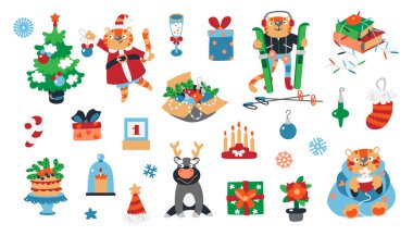 Bir dizi Noel elementi. Kaplan, ağaç, hediyeler, dekor. Çıkartmalar, kartlar, davetiyeler, arka planlar ve daha fazlası için Noel öğeleri.