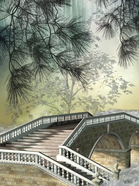Fantezi manzara orman bridge ile — Stok fotoğraf
