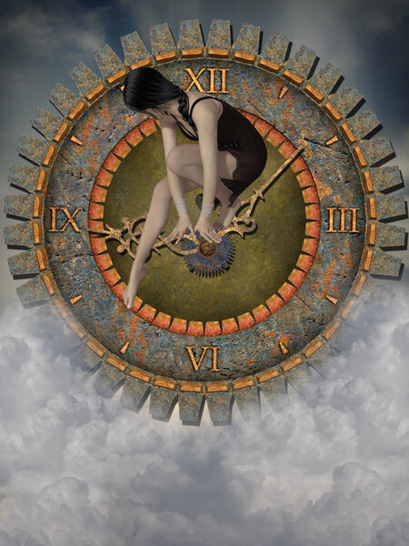Steampunk clock in the sky with sad woman