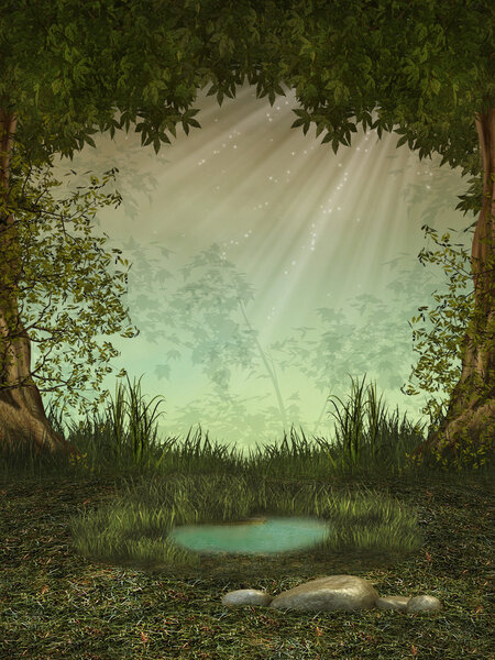 Fantasy landscape in the forest with a pond