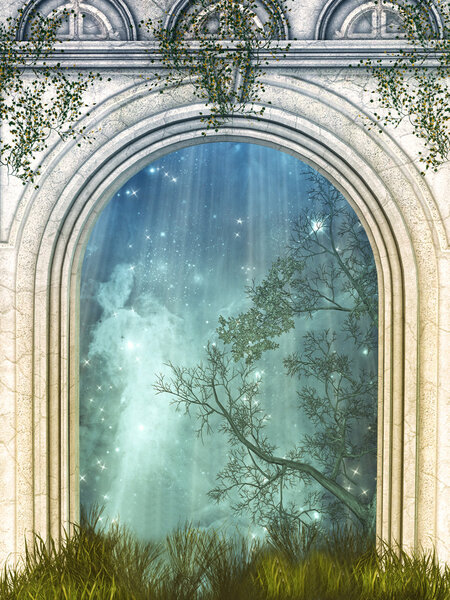 Magic door in the forest with stars