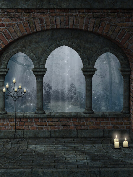 Fantasy landscape with old structure and candle