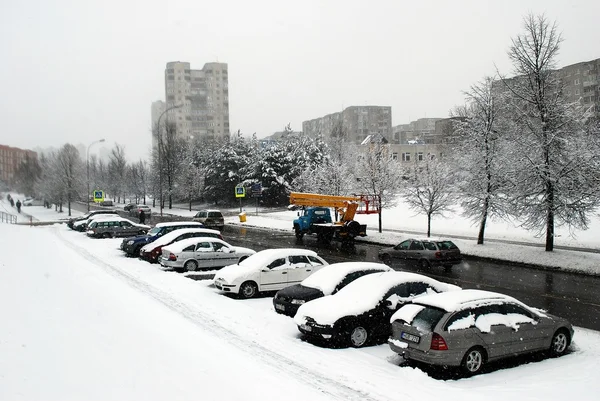 Winter snowfall in capital of Lithuania Vilnius city Fabijoniskes district — Stock Photo, Image