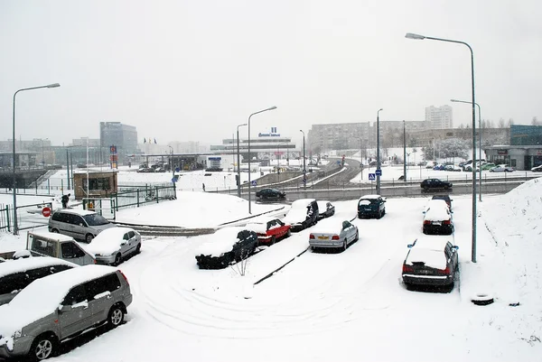 Winter snowfall in capital of Lithuania Vilnius city Fabijoniskes district — Stock Photo, Image