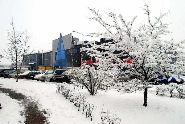 Зимний снегопад в столице Литвы Вильнюсском районе Пасилайчяй — стоковое фото