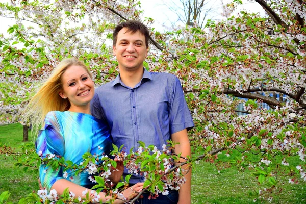 桜の若いカップルの公園の庭 — ストック写真