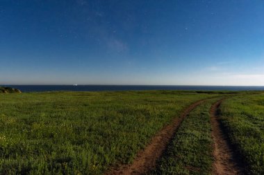 Ay ışığında deniz manzarası, uzun pozlarla dolu bir gecede. İvanovka. Ukrayna