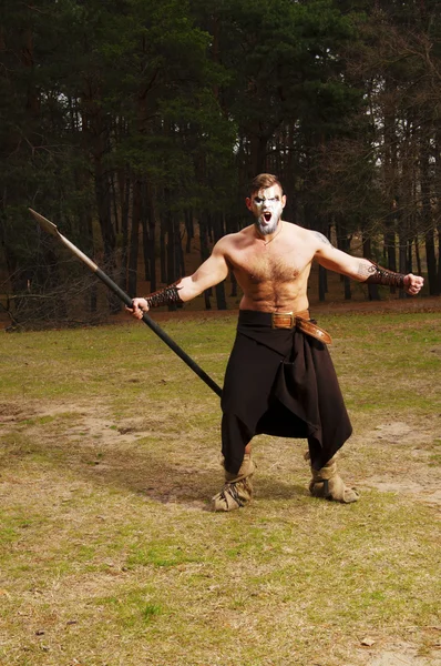 Portrait of a muscular ancient warrior with a spear — Stock Photo, Image