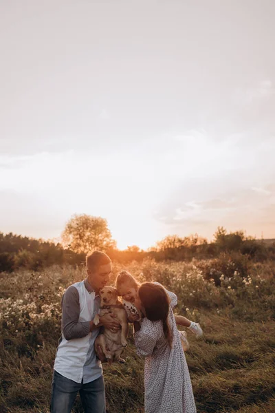 Happy Family Father Mother Daughter Dog Walking Nature Sunset — Stock Photo, Image