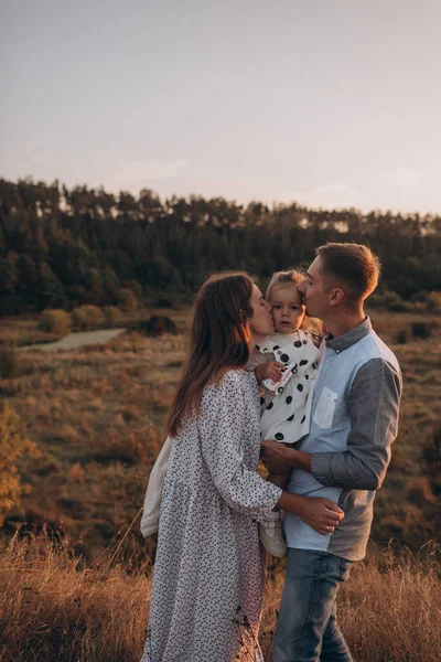 Happy Family Father Mother Daughter Dog Walking Nature Sunset — Stock Photo, Image