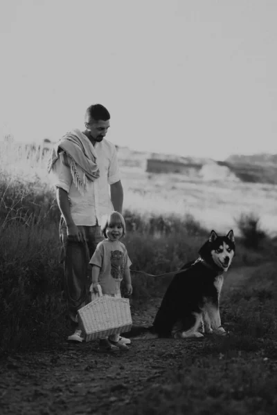 Padres Jóvenes Con Hijo Perro Husky Paseando Campo Verano Tiempo — Foto de Stock