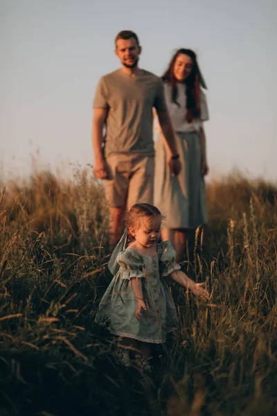 日落时 快乐的一家人在公园散步 爸爸和宝宝 健康的家庭在田里玩耍 快乐的家庭观念 — 图库照片