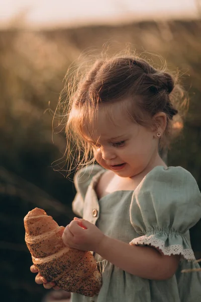 Kaukasisches Kleines Mädchen Einem Kleid Spaziert Park Den Strahlen Der — Stockfoto