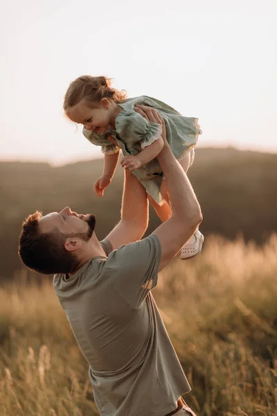 Father Child Dad Walking Baby Daughter Outdoor Sunset Portrait Family — Stock Photo, Image