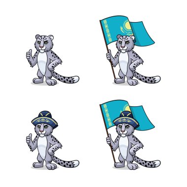 Karakter, maskot, sembol, Kazakistan işareti. Kar Leoparı - Irbis geleneksel doğulu, kazak şapkalı ve Kazakistan bayrağıyla. 
