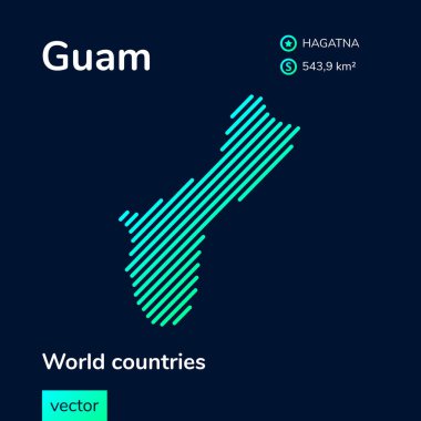Vektör yaratıcı dijital neon düz çizgi sanat soyut basit Guam haritası yeşil, nane, turkuaz çizgili koyu mavi arkaplan. Eğitim bayrağı, Guam hakkında poster.