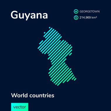 Vektör yaratıcı neon düz çizgi sanat soyut basit Guyana haritası yeşil, nane, turkuaz çizgili koyu mavi arkaplan. Eğitim bayrağı, Guyana hakkında poster