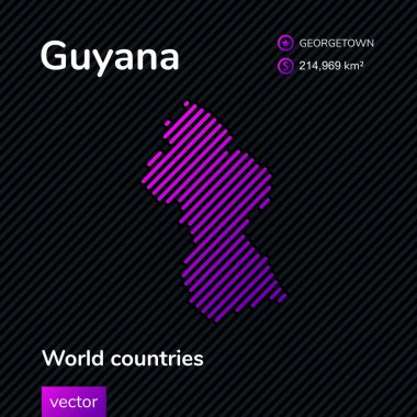 Vektör yaratıcı dijital neon düz çizgi sanat soyut basit Guyana haritası mor, pembe çizgili siyah arkaplan. Eğitim bayrağı, Guyana hakkında poster