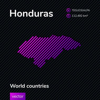 Vektör yaratıcı dijital neon düz çizgi sanat soyut basit Honduras haritası menekşe, mor, pembe çizgili siyah arka plan. Eğitim bayrağı, Honduras hakkında poster