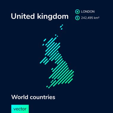 Vektör yaratıcı dijital neon düz çizgi sanat soyut basit Birleşik Krallık haritası yeşil, nane, turkuaz çizgili koyu mavi arkaplan. Eğitim afişi, İngiltere hakkında afiş