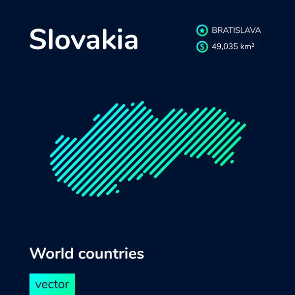 Vektör yaratıcı neon düz çizgi sanat soyut basit Slovakya haritası yeşil, nane, turkuaz çizgili koyu mavi arkaplan. Eğitim bayrağı, Slovakya hakkında poster