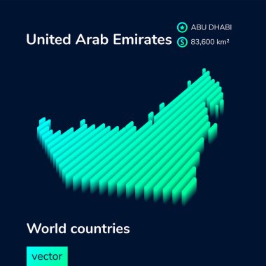 Stilize edilmiş izometrik dijital neon çizgili vektör Birleşik Arap Emirlikleri haritası 3D etkiye sahip. Birleşik rab Emirlikleri haritası koyu mavi arkaplanda yeşil ve nane renginde.