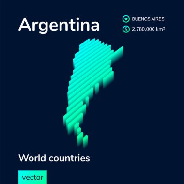 Arjantin 'in üç boyutlu stilize edilmiş dijital izometrik vektör haritası. Arjantin haritası koyu mavi arka planda yeşil ve nane renginde