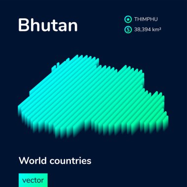 Bhutan 'ın stilize edilmiş neon dijital izometrik çizgili vektör haritası, 3d etkisi var. Bhutan haritası koyu mavi arkaplanda yeşil ve nane renginde 