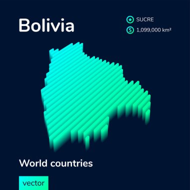 Bolivya 'nın üç boyutlu çizgili dijital izometrik vektör haritası. Bolivya haritası koyu mavi arkaplanda yeşil ve nane renginde