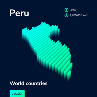 Stilize edilmiş neon basit dijital izometrik çizgili vektör Peru haritası, 3d etkisi ile. Peru haritası yeşil, turkuaz ve nane renkleri koyu mavi arkaplanda