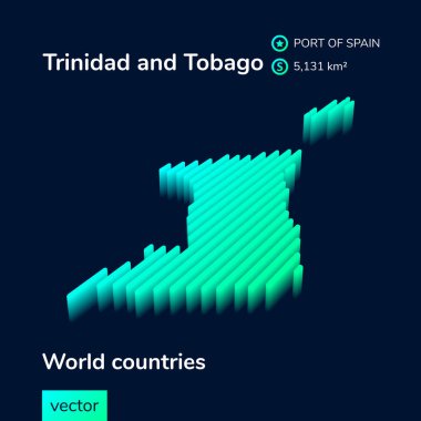 Stilize edilmiş neon basit dijital izometrik çizgili vektör Trinidad ve Tobago haritası, 3d etkisi ile. Trinidad ve Tobago haritası yeşil, turkuaz ve nane renkleri koyu mavi arkaplanda.