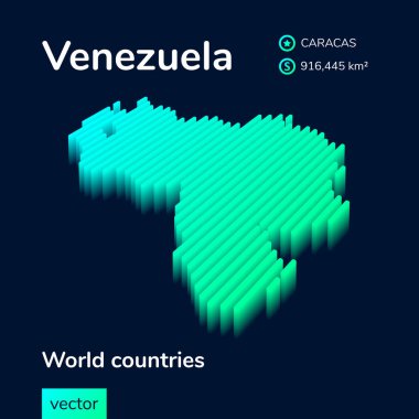 Stylize neon basit dijital izometrik çizgili vektör Venezuela haritası, 3d etkisi ile. Venezuela haritası koyu mavi arka planda yeşil, turkuaz ve nane renginde.