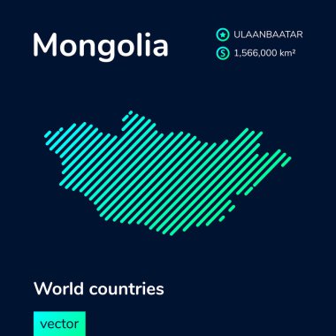 Vektör yaratıcı neon düz çizgi sanat soyut basit Moğolistan haritası yeşil, nane, turkuaz çizgili koyu mavi arkaplan. Eğitim bayrağı, Moğolistan hakkında poster