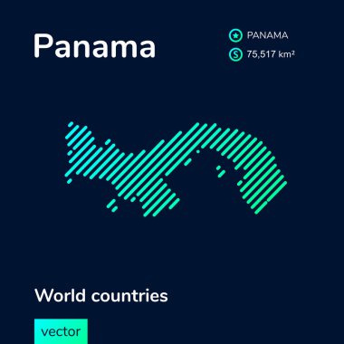Panama haritası. Vektör yaratıcı neon düz çizgi sanat soyut basit harita yeşil, nane, turkuaz çizgili dokuya sahip koyu mavi arkaplan. Eğitim bayrağı, Panama hakkında poster